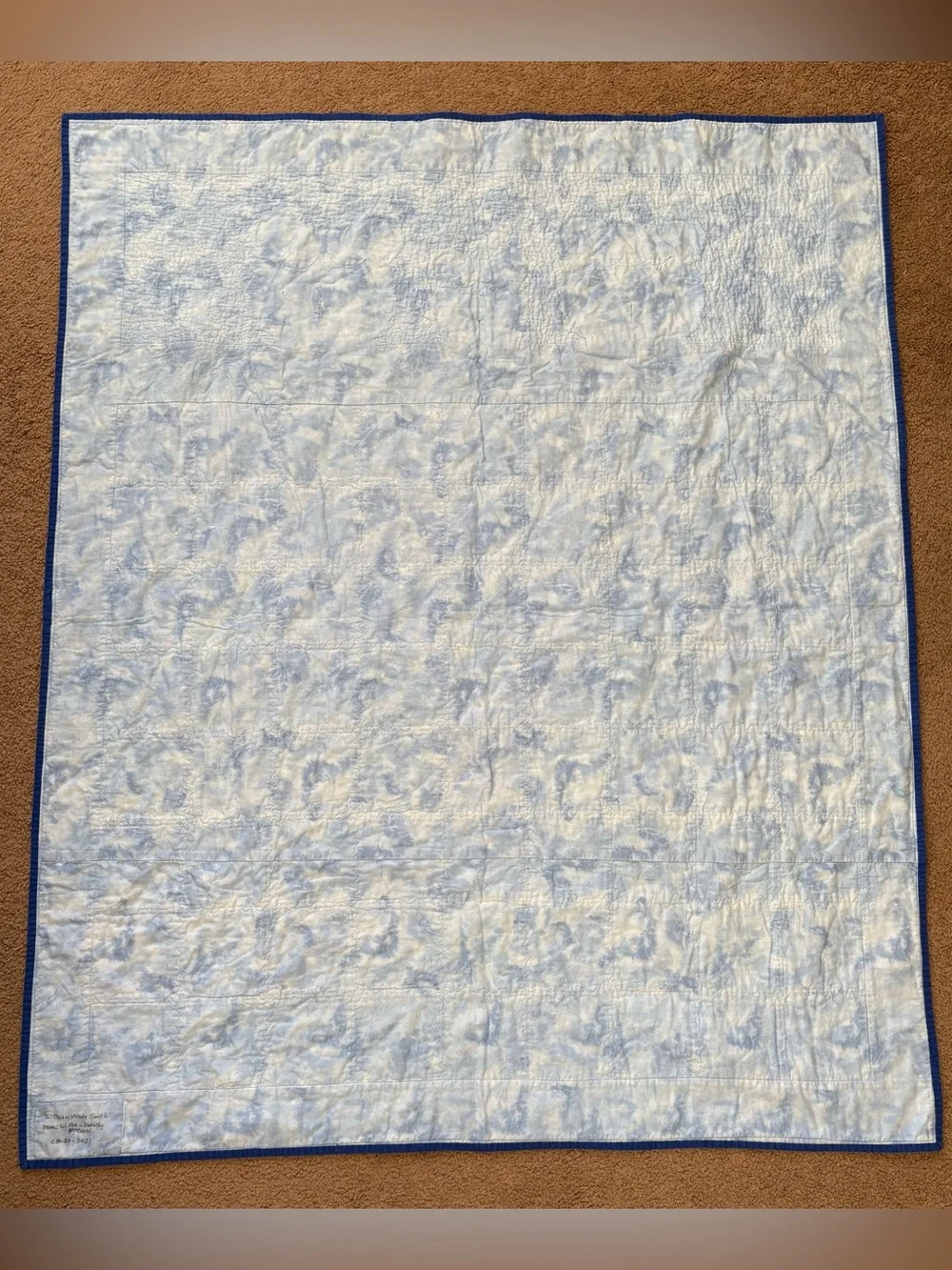Handmade Quilted Baby Crib Quilt 3 Bears Teddy Bear Patchwork Blue 49x40”